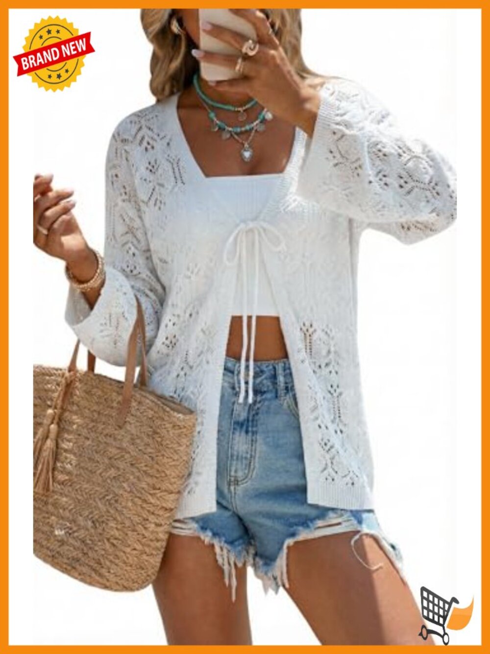 Linen Blend Crochet Cardigan Lightweight Boho Cover Up Beach Resort